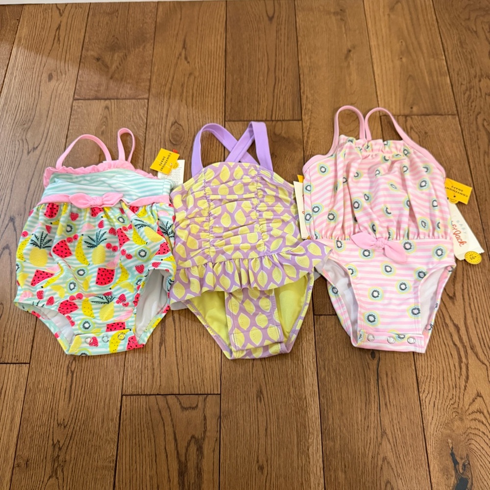 Baby Cat & Jack Size 6-9M One Piece Bathing Swimsuits Lot of 3, Fruits LemonKiwi